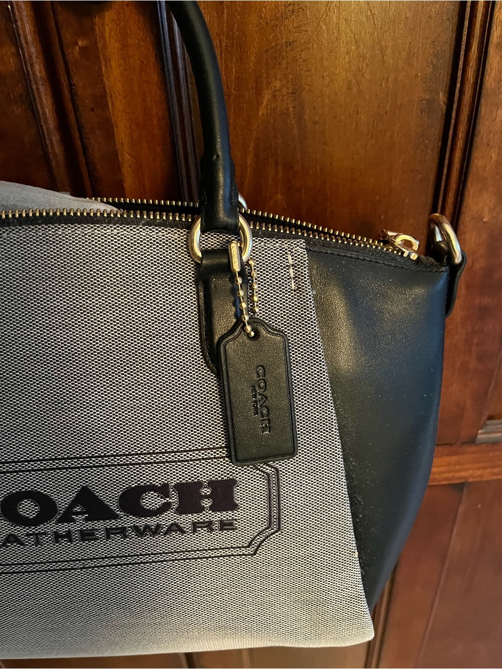 Coach Two-Tone Canvas & Leather Satchel in Black and Beige - Picture 2 of 16
